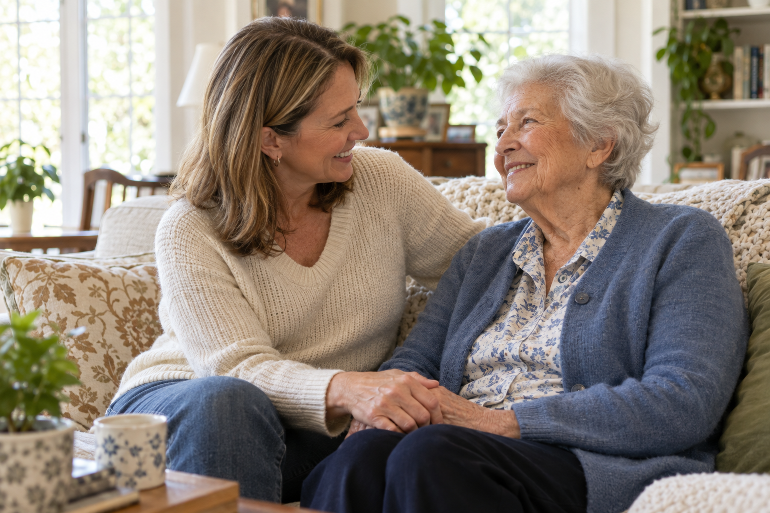 An adult daughter sitting with her elderly mother at home, holding her hand