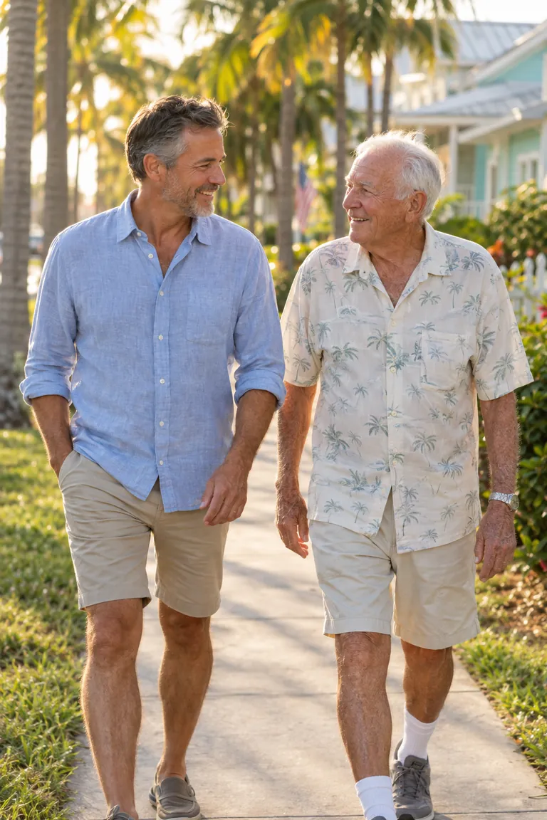 An adult son walking outdoors with his elderly father, both smiling